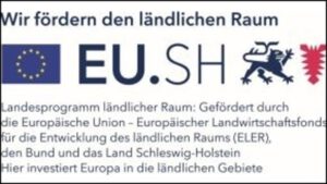 Logo des ELER-Programms (Europäischer Landwirtschaftsfonds für die Entwicklung des ländlichen Raums) mit blauem Hintergrund, weißen Sternen und grüner Landschaftsgrafik.