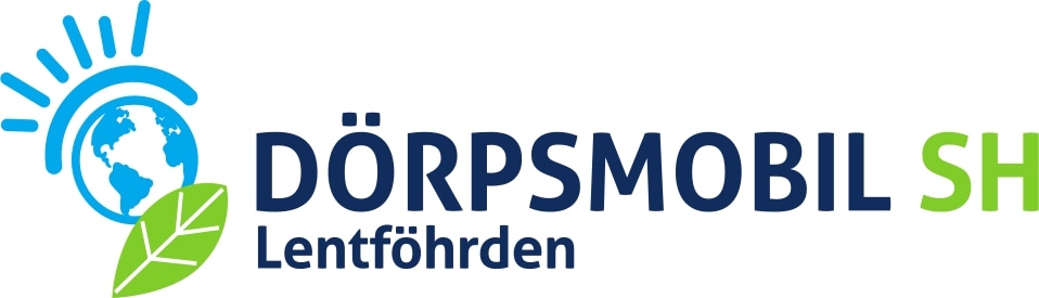 Logo von „Dörpsmobil SH Lentföhrden“ mit einer stilisierten blauen Weltkugel, die von Sonnenstrahlen umgeben ist, und einem grünen Blatt, das die Nachhaltigkeit symbolisiert. Der Schriftzug „Dörpsmobil SH Lentföhrden“ ist in Blau und Grün gestaltet.